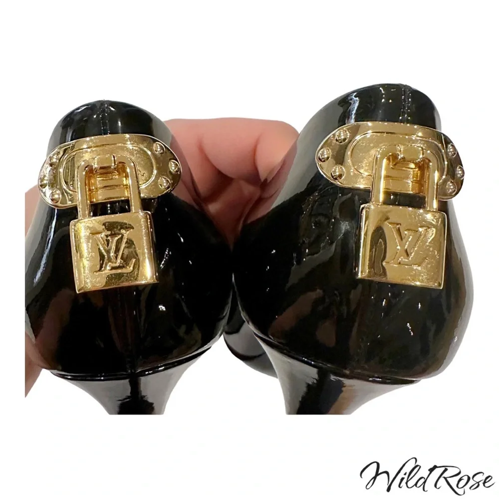 LOUIS VUITTON LV Gold Padlock Black Patent Oh Really Platform Peep Toe Pumps 38 - Picture 7 of 17